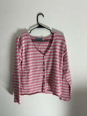 Mermaid Pink and Grey Striped V-Neck Cardigan with Flower Buttons Size S